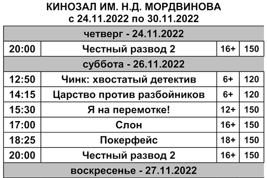 Кинозал им. Мордвинова. Расписание с 24 по 30 ноября