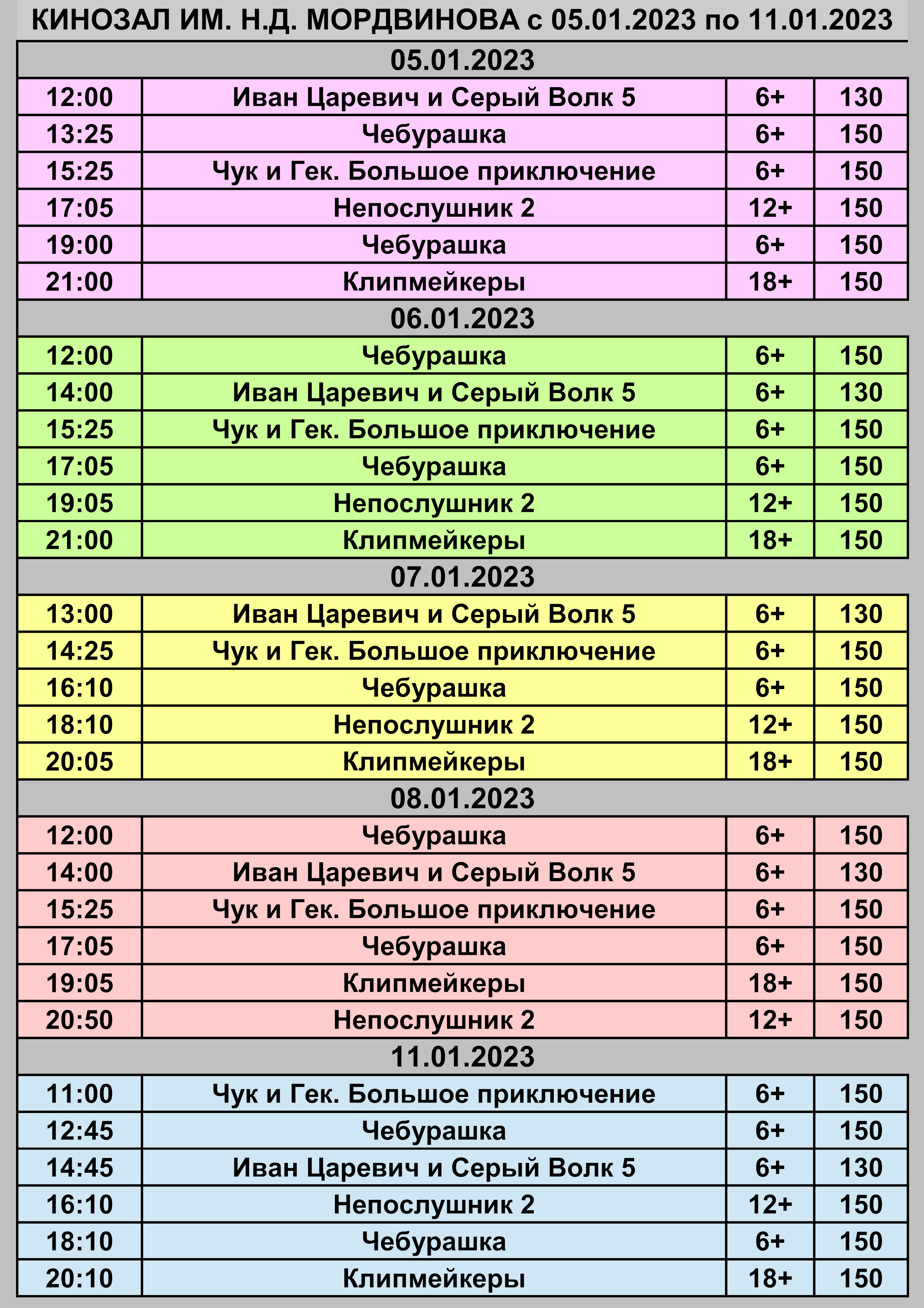 Расписание Кинозала им. Н. Д. Мордвинова с 5 по 11 января | 06.01.2023 |  Ядрин - БезФормата