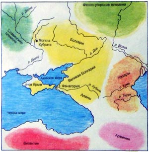 Схематическая карта территории Великой Болгарии и соседних с ней племен и стран.