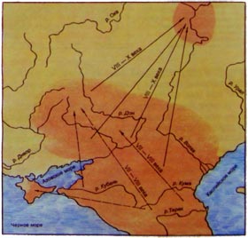 Схематическая карта переселения болгарских и других племён Хазарского каганата.
