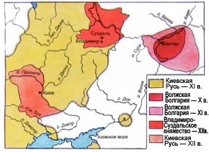 Схематическая карта Русских княжеств и Волжской Болгарии.