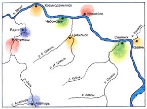 Схематическая карта уездных центров чувашской территории.