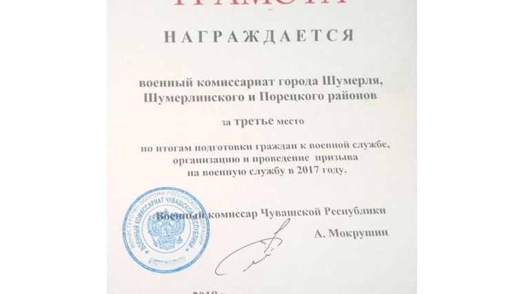 Шумерлинский военкомат отметили за достигнутые успехи при выполнении задач по подготовке граждан к военной службе, организацию и проведение призыва на военную службу в 2017 году