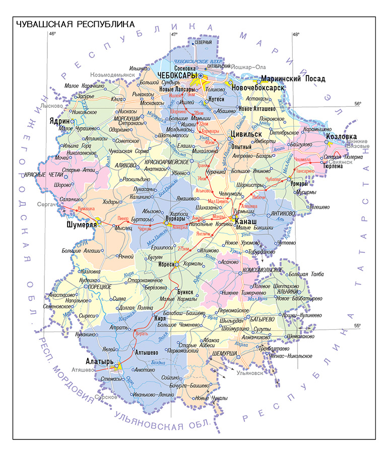 Карта чувашской республики с населенными пунктами