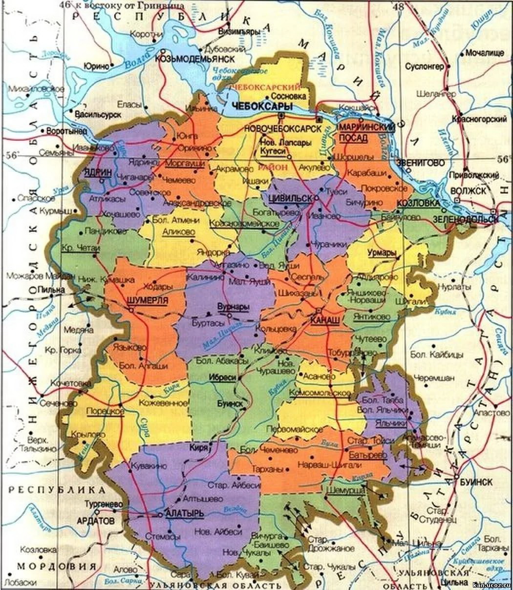 Карта чувашии с населенными пунктами подробная